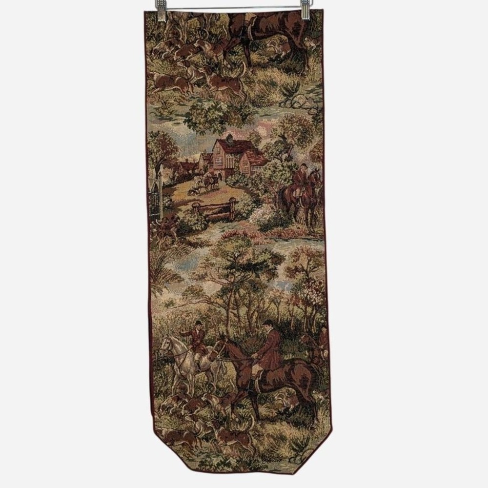 Vintage Equestrian Foxhunt Woven Tapestry Wall Banner Table Runner 69x14
